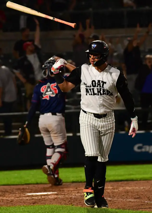 Somerset Patriots designated hitter Dylan Jasso tosses the bat aside after his game-winning home run