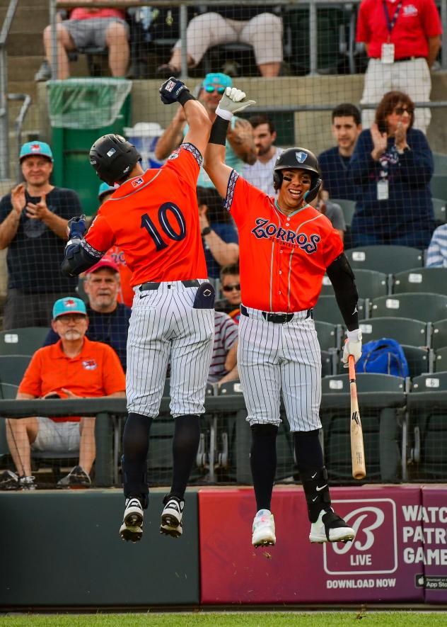 Somerset Patriots catcher Rafael Flores (10) congratulates third baseman Dylan Jasso