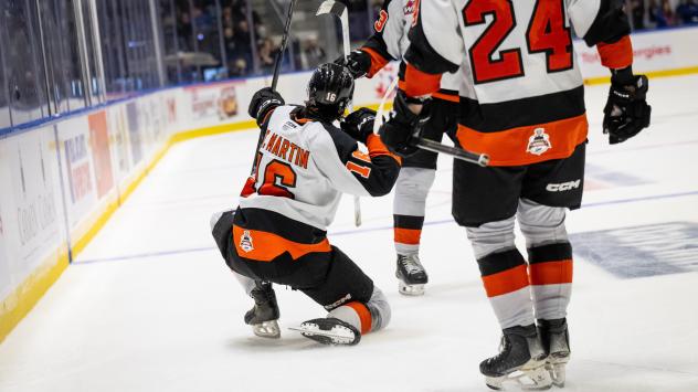 Hunter St. Martin of the Medicine Hat Tigers reacts after his game-winning goal