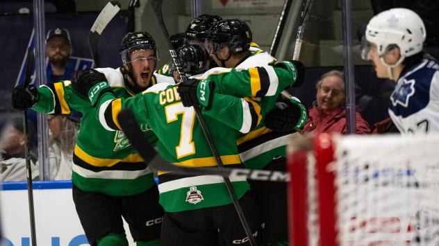 London Knights celebrate a goal at the 2025 Memorial Cup