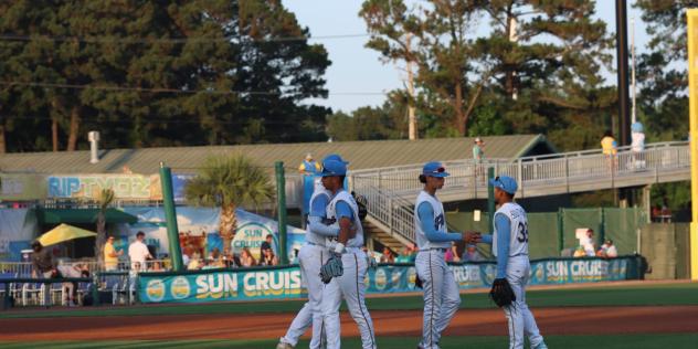 Myrtle Beach Pelicans exchange handshakes after a win in game one