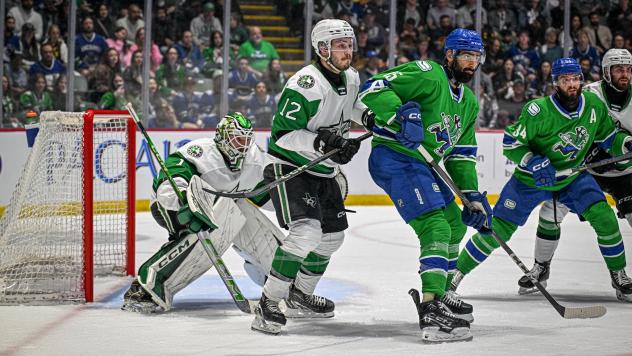 Texas Stars goaltender Remi Poirier and center Arttu Hyry vs. the Abbotsford Canucks