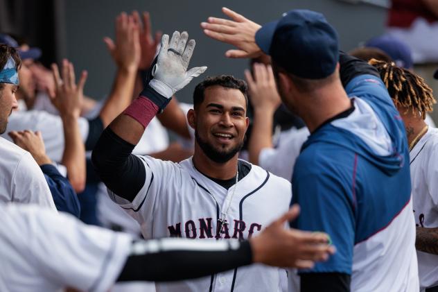 Kansas City Monarchs congratulate Alvaro Gonzalez in the dugout