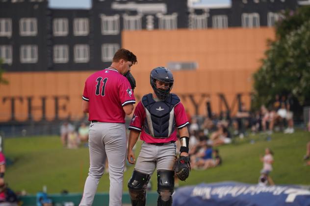 Pensacola Blue Wahoos pitcher Dax Fulton and catcher Tatem Levins