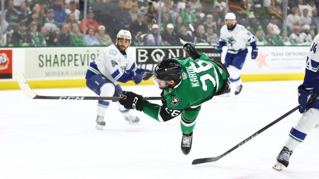 Michael Karow of the Texas Stars rips a shot against the Abbotsford Canucks