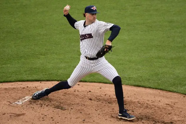 Pitcher Cam Schlittler with the Somerset Patriots