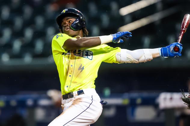 Josi Novas with a big swing for the Columbia Fireflies