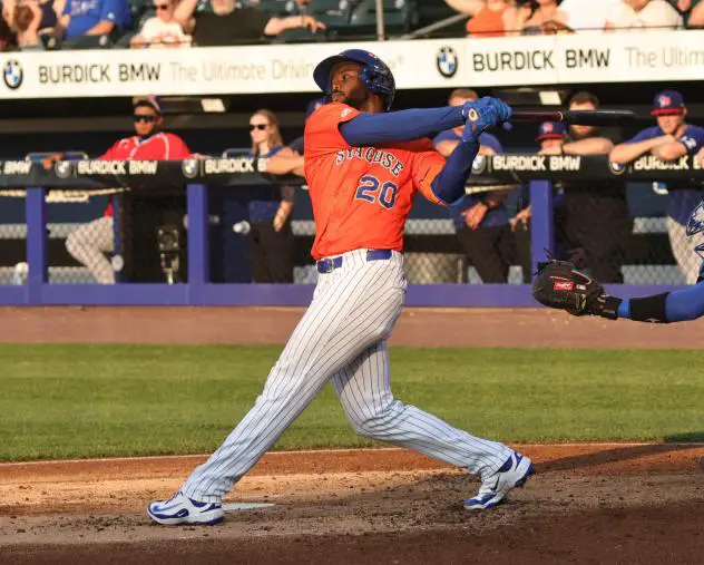 Luis De Los Santos with a big swing for the Syracuse Mets