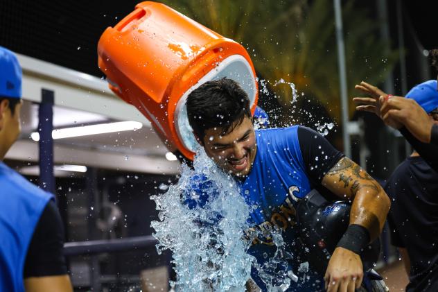 Tyler Wilson of the Tampa Tarpons gets a Gatorade bath