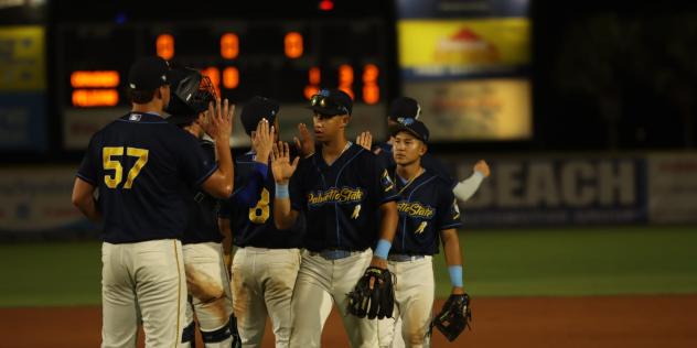 Myrtle Beach Pelicans exchange congratulations after a win