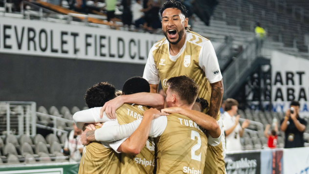 Birmingham Legion FC celebrates Sebastian Tregarthen's late goal