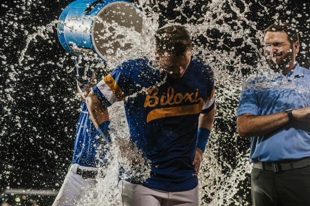 Mike Boeve of the Biloxi Shuckers gets a Gatorade bath
