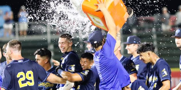 Myrtle Beach Pelicans celebrate a walk-off win