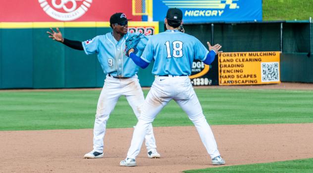 Hickory Crawdads third baseman Esteban Mejia (left) and outfielder Antonis Macias