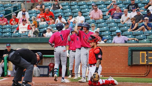 Pensacola Blue Wahoos welcome Dalvy Rosario (1) after his home run