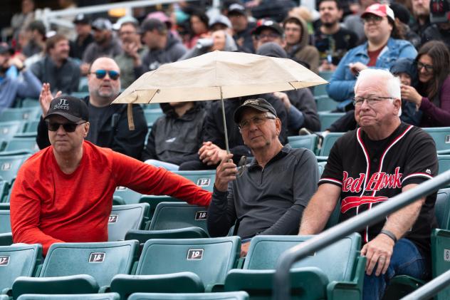 Fans take in the Fargo-Moorhead RedHawks game in the drizzle