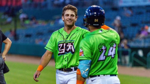 Montgomery Biscuits outfielder Colton Ledbetter (left) and catcher Tres Barrera on Kimchi night