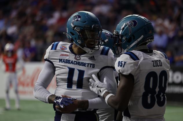 Massachusetts Pirates quarterback Kenji Bahar and receiver Isaac Zico