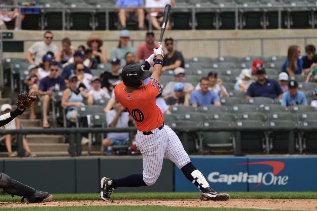 Rafael Flores of the Somerset Patriots takes a big swing