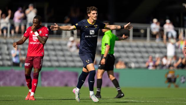 Jansen Wilson of Louisville City FC reacts following his goal against North Carolina FC