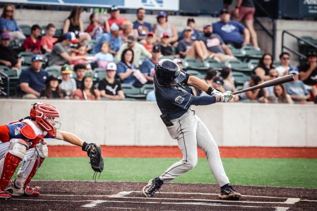 Patrick Graham of the Fond du Lac Dock Spiders takes a big cut