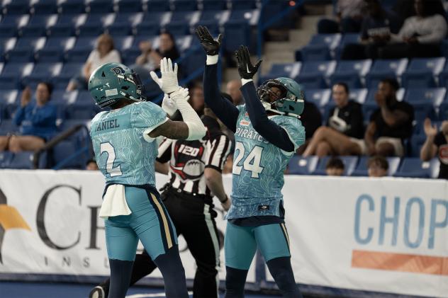 Massachusetts Pirates defensive backs DJ Daniel and Marcis Floyd