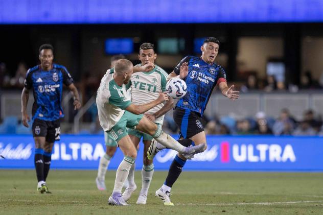 San Jose Earthquakes battle for the ball against Austin FC