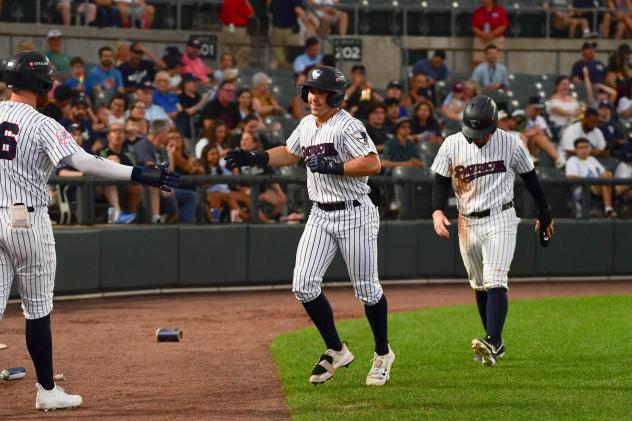 Brendan Jones of the Somerset Patriots receives congratulations