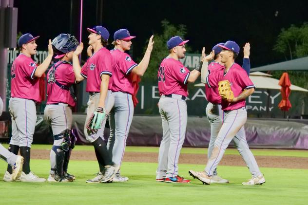 Pensacola Blue Wahoos exchange high fives following a victory