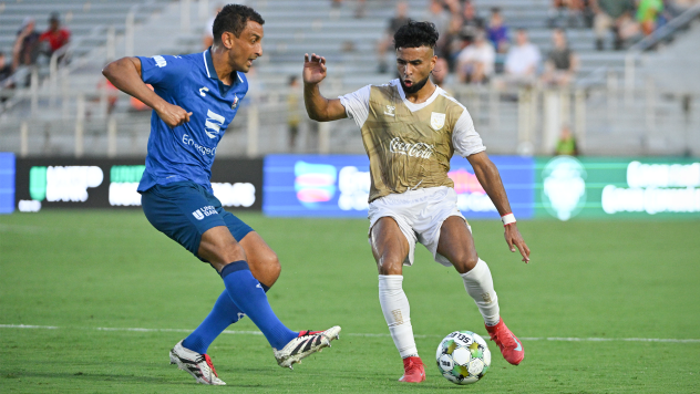 Birmingham Legion FC midfielder Danny Trejo with possession vs. North Carolina FC