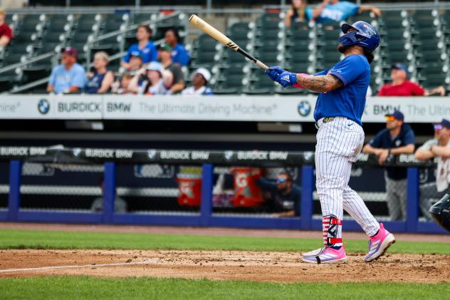 Francisco Alvarez of the Syracuse Mets watches his home run
