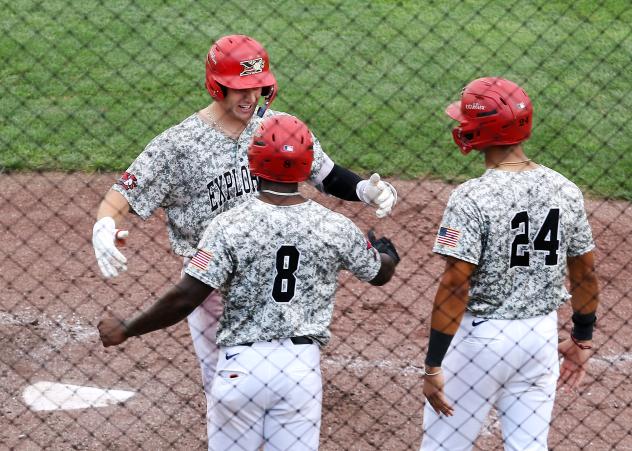 Kurtis Byrne of the SIoux City Explorers celebrates a three run home run