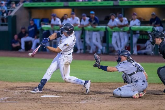 Tri-City Dust Devils first baseman Matt Coutney makes contact