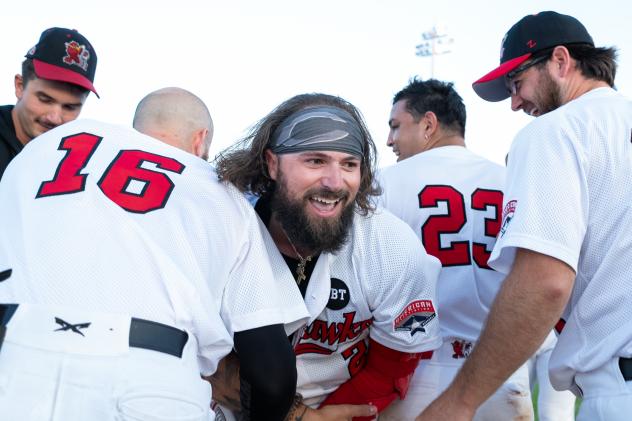Fargo-Moorhead RedHawks congratulate Nick Northcut after his walk-off double