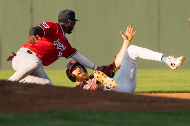 A Fargo-Moorhead RedHawks baserunner gets tagged