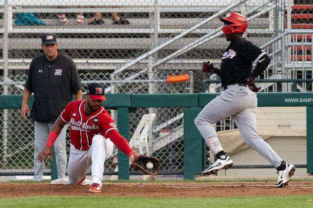 Fargo-Moorhead RedHawks first baseman Jose Sermo with the catch