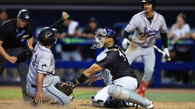 St. Lucie Mets catcher Daiverson Gutierrez applies the tag against the Jupiter Hammerheads