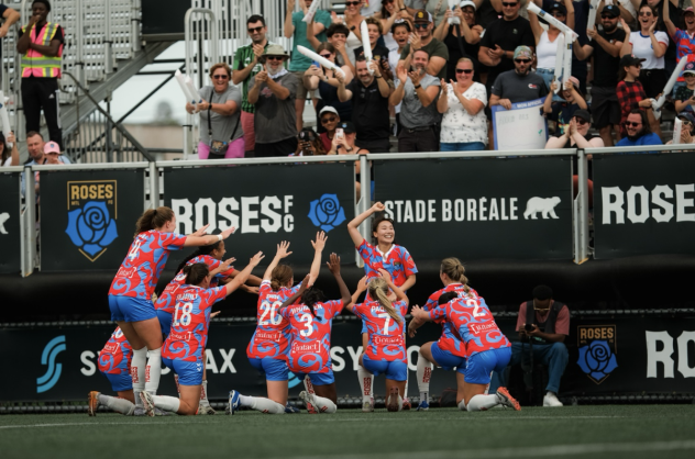 Montreal Roses react after a Chaerim Kang goal