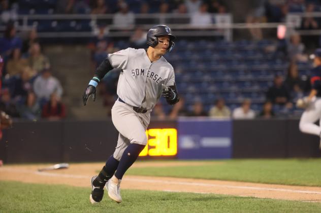 Dylan Jasso of the Somerset Patriots heads to first