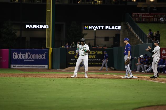 Greensboro Grasshoppers infielder Callan Moss on first