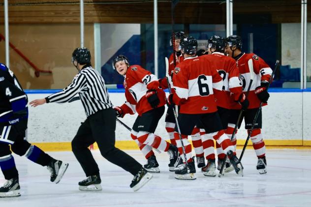 Vancouver Giants gather following a goal against the Victoria Royals