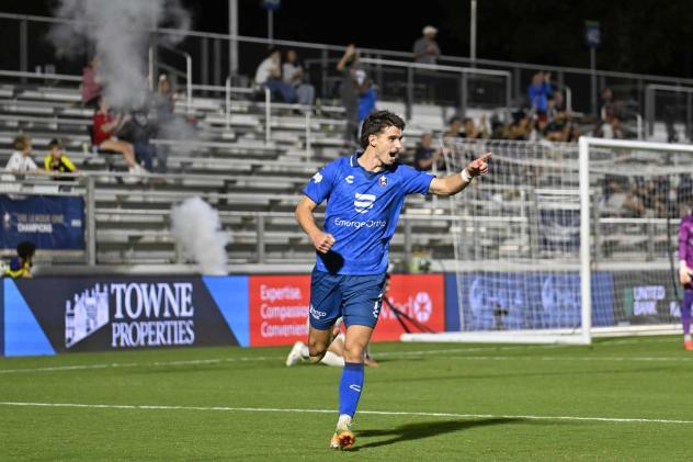 Evan Conway celebrates after scoring for North Carolina FC against El Paso Locomotive