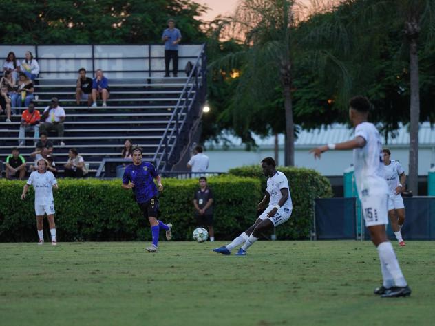 Rhode Island FC defender Karifa Yao gets off a kick vs. Miami FC