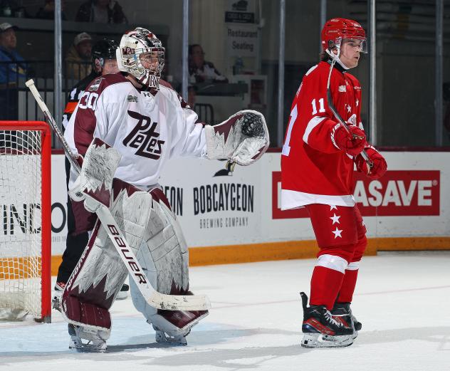 Peterborough Petes goaltender Easton Rye vs. the Soo Greyhounds