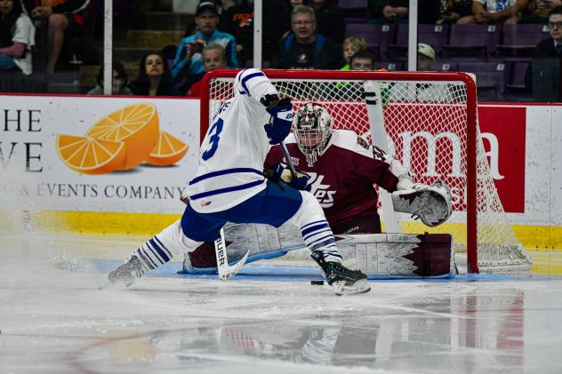Peterborough Petes goaltender Easton Rye makes a stop