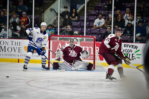 Peterborough Petes goaltender Easton Rye and defenceman James Petrovski