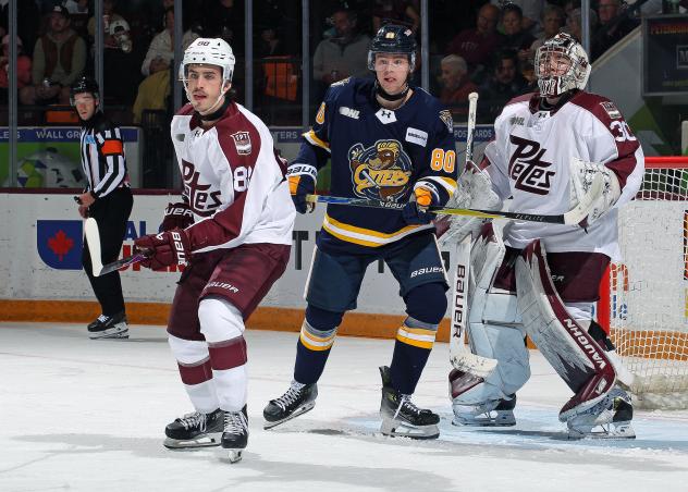 Peterborough Petes defenceman Blake Gowan and goaltender Easton Rye vs. the Erie Otters