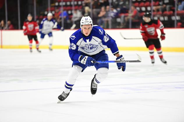 Syracuse Crunch defenseman Maxim Groshev vs. the Utica Comets