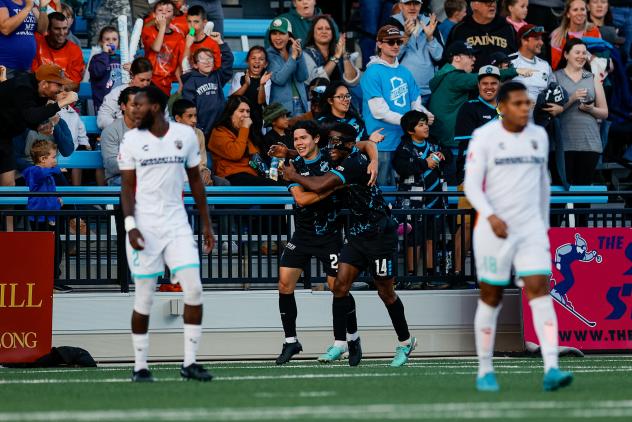 Colorado Springs Switchbacks FC's Juan Tejada and Duke Lacroix and San Antonio FC's Abdi Salim and Almir Soto on game night