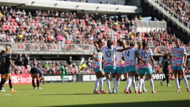 San Diego Wave FC react after Delphine Cascarino's goal at Washington Spirit